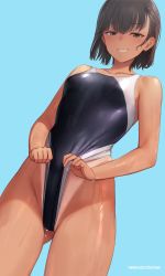 Rule 34 | 1girl, aqua background, blush, breasts, brown hair, clothes pull, commentary request, competition swimsuit, gluteal fold, grey eyes, grin, highres, looking at viewer, medium breasts, mochi (mochi444420), one-piece swimsuit, one-piece swimsuit pull, one-piece tan, original, simple background, smile, solo, swimsuit, tan, tanline, wet, wet clothes, wet hair, wet swimsuit