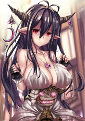 Rule 34 | 10s, 1girl, antenna hair, bare shoulders, black gloves, black hair, breast rest, breasts, cleavage, closed mouth, collarbone, crescent, danua, draph, dress, fingerless gloves, gloves, granblue fantasy, hair between eyes, hansel (granblue fantasy), highres, horn ornament, horns, jewelry, large breasts, long hair, looking at viewer, pendant, pointy ears, red eyes, sidelocks, tama satou, tears, very long hair, white dress