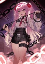 Rule 34 | 1girl, absurdres, artist name, belt, black belt, black choker, black gloves, black shorts, blush, breasts, chain, choker, cityscape, collared shirt, colored inner hair, dominatrix, fingerless gloves, gloves, goddess of victory: nikke, gradient hair, hair ribbon, heart, heart-shaped pupils, high-waist shorts, highres, holding, holding whip, id card, long hair, long sleeves, mole, mole under mouth, multicolored hair, namakisama, necktie, open mouth, pink hair, purple eyes, red necktie, red ribbon, ribbon, shirt, shirt tucked in, short necktie, shorts, sidelocks, single glove, small breasts, smile, solo, symbol-shaped pupils, teeth, thigh strap, thighs, upper teeth only, white hair, white shirt, yuni (nikke)