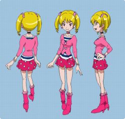Rule 34 | 1girl, bandai, blonde hair, breasts, character sheet, digimon, digimon xros wars, digimon xros wars: toki wo kakeru shounen hunter-tachi, female focus, full body, hair ornament, looking to the side, lowres, multiple views, official art, skirt, smile, standing, suzaki airu, twintails