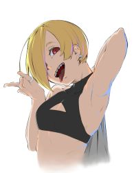 Rule 34 | 1girl, :d, armpits, bare arms, blonde hair, breasts, cleavage cutout, clothing cutout, commentary request, crop top, dyun, ear piercing, earrings, hair over one eye, idolmaster, idolmaster cinderella girls, jewelry, looking at viewer, one eye covered, open mouth, piercing, pinky ring, red eyes, sharp teeth, shirasaka koume, short hair, simple background, small breasts, smile, solo, teeth, tongue, tongue out, triangle cutout, white background