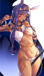 Rule 34 | 1girl, bracelet, breasts, dark-skinned female, dark skin, earrings, egyptian, egyptian clothes, facial mark, fate/grand order, fate (series), finger to mouth, fingernails, grin, groin, hair rings, hairband, hoop earrings, jewelry, long hair, looking at viewer, medium breasts, nanao (mahaya), navel, nitocris (fate), purple eyes, purple hair, sidelocks, smile, solo, toned, very long hair