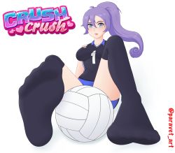 Rule 34 | 1girl, absurdres, ball, bandaid, bandaid on face, black thighhighs, blue eyes, copyright name, crush crush, foot focus, full body, highres, paravet, purple hair, sawyer (crush crush), self-upload, simple background, socks, sportswear, thighhighs, volleyball (object), white background