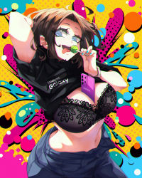 Rule 34 | 1girl, abstract background, ahoge, arm behind head, artist name, ass, between breasts, black hair, black shirt, blue pants, breasts, candy, cellphone, chromatic aberration, cleavage, dated, denim, ear piercing, food, freckles, highres, holding, holding candy, holding food, holding lollipop, holding phone, inkspirate, jeans, lace trim, large breasts, lingerie, lollipop, looking at viewer, medium hair, midriff, mole, mole under eye, navel, open fly, pants, phone, piercing, revealing clothes, samsung, samsung sam, shirt, smartphone, solo, stomach, tongue, tongue out, unbuttoned, underwear, watermark