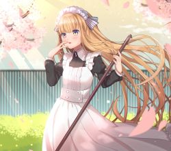 Rule 34 | 1girl, blonde hair, broom, bush, cherry blossoms, cowboy shot, dress, fence, frilled hairband, frills, goma (u p), gradient eyes, gradient sky, hairband, hand on own cheek, hand on own face, holding, holding broom, juliet sleeves, kougei ciel nana, light rays, long hair, long sleeves, maid, multicolored eyes, open mouth, petals, puffy sleeves, sky, sound voltex, sunbeam, sunlight, very long hair, yellow sky