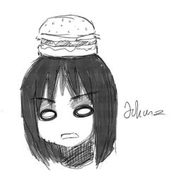 Rule 34 | azumanga daiou, burger, food, greyscale, johanz, kasuga ayumu, monochrome, object on head, solo, white background