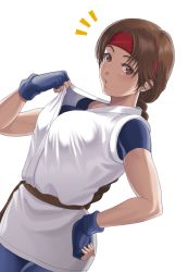 Rule 34 | 1girl, braid, breasts, brown eyes, brown hair, dougi, fingerless gloves, gloves, hand on own hip, headband, kkzk61539201, long hair, looking at viewer, open mouth, simple background, single braid, solo, spandex, the king of fighters, yuri sakazaki