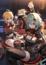 4girls absurdres ahoge bar_(place) bare_shoulders beer_mug black_dress black_jacket black_shorts black_thighhighs blonde_hair breasts burnice_white caesar_king_(zenless_zone_zero) cleavage crop_top crossed_legs cup dress eyewear_on_head food fur-trimmed_jacket fur_trim green_hair hair_between_eyes hair_intakes hair_ornament highres holding holding_cup holding_plate jacket large_breasts long_hair luciana_de_montefio medium_hair midriff mingo0011 mug multiple_girls navel on_chair orange_eyes piper_wheel plate prosthesis prosthetic_arm red_eyes shorts side_ponytail sitting sleeping thighhighs thighs twintails zenless_zone_zero