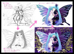 Rule 34 | 2girls, bad id, bad pixiv id, black vs white, butterfly wings, dual persona, hatsune miku, how to, insect wings, kneeling, long hair, multiple girls, selfcest, sketch, thighhighs, twintails, very long hair, vocaloid, wings, yutu