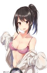 Rule 34 | 1girl, black hair, blush, breasts, brown eyes, cleavage, collarbone, commentary request, dougi, hair between eyes, high ponytail, highres, idolmaster, idolmaster cinderella girls, karate, karate gi, long hair, long sleeves, looking at viewer, medium breasts, midriff, nakano yuka, navel, open clothes, open mouth, ponytail, shiny skin, sidelocks, simple background, solo, stomach, striped, twitter username, uniform, upper body, vertical stripes, zhi zhi/zu zu