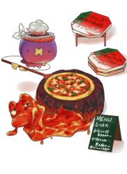 basil_leaf bell_pepper bell_pepper_slice creatures_(company) drifloon duosiondrifloon food game_freak gen_2_pokemon gen_4_pokemon highres magcargo menu_board nintendo no_humans peel_(tool) pepper pizza pizza_box pokemon pokemon_(creature) table white_background