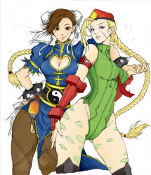 Rule 34 | 2girls, ahoge, armband, bad deviantart id, bad id, beret, blonde hair, blue eyes, bracelet, breasts, brown eyes, brown hair, cammy white, capcom, china dress, chinese clothes, chun-li, cleavage, cleavage cutout, clothing cutout, collaboration, colorized, contrapposto, dress, elbow gloves, fingerless gloves, gloves, holding hands, hand on own hip, hat, heart, heart cutout, huge ahoge, interlocked fingers, jewelry, kenshjn park, leotard, multiple girls, over-kneehighs, pantyhose, pelvic curtain, puffy short sleeves, puffy sleeves, ribbed leotard, short sleeves, spiked bracelet, spikes, standing, street fighter, t1gress, thighhighs, yin yang, yuri