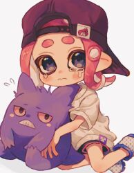 Rule 34 | 1girl, backwards hat, baseball cap, black eyes, black headwear, blue eyes, closed mouth, colored sclera, colored skin, commentary request, creatures (company), game freak, gen 1 pokemon, gengar, hat, highres, looking at viewer, medium hair, nintendo, ochocho2828, octoling, octoling girl, octoling player character, pink hair, pokemon, pokemon (creature), purple skin, red sclera, simple background, sitting, splatoon (series), tears, teeth, tentacle hair, thick eyebrows, wavy mouth, white background