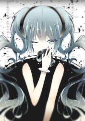 Rule 34 | 1girl, bad id, bad pixiv id, black dress, black nails, blue eyes, blue hair, bracelet, dress, floating hair, giryu, hair between eyes, hair ornament, hatsune miku, holding, jewelry, limited palette, long hair, looking at viewer, nail polish, one eye closed, reversible campaign (vocaloid), sleeveless, sleeveless dress, solo, twintails, upper body, very long hair, vocaloid