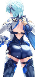 Rule 34 | 1girl, ass, back cutout, bare back, blue hair, blue shorts, clothing cutout, cowboy shot, eula (genshin impact), from behind, genshin impact, hair ornament, highres, huge ass, juliet sleeves, long sleeves, puffy sleeves, shirt, short hair, short shorts, shorts, shoulder cutout, simple background, solo, standing, thighhighs, thighs, uenoryoma, white background, white shirt