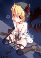 Rule 34 | 1girl, bad id, bad pixiv id, black thighhighs, blonde hair, blood, blood in mouth, blood on breasts, blood on face, breasts, chain, chained, corpse, from above, full body, hair ornament, hair ribbon, heart, highres, looking at viewer, looking up, nipples, nude, off shoulder, open clothes, open shirt, pool of blood, red eyes, ribbon, rumia, shaded face, shirt, short hair, sitting, small breasts, smile, solo, speech bubble, spoken heart, thighhighs, torn clothes, torn thighhighs, touhou, yani (nokori life1)