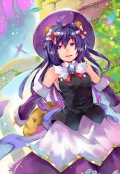 Rule 34 | 1girl, ancient, animal ears, armpits, bare shoulders, blue hair, blush, bow, breasts, brick wall, denizen tomo, extra ears, hat, highres, jewelry, long hair, matsuhime mujina, purple eyes, raccoon ears, raccoon tail, shinrabanshou, small breasts, smile, solo, standing, tail, tree shade