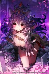 Rule 34 | 10s, 1girl, 2015, animal ears, bad id, bad twitter id, breasts, buckle, cleavage, dated, gradient background, hair ornament, kneeling, large breasts, long hair, looking at viewer, nail polish, purple hair, reaching, red eyes, red nails, smile, solo, sukja