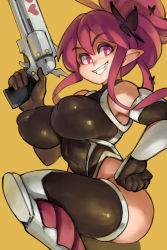 Rule 34 | 1girl, ass, breasts, cleavage, covered erect nipples, disgaea, gun, highres, large breasts, leotard, long hair, looking at viewer, makai senki disgaea 5, open mouth, pink hair, pointy ears, purple eyes, seraphina (disgaea), simple background, smile, solo, taimanin suit, thick thighs, thighs, weapon, yellow background, zako (arvinry)