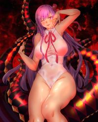 Rule 34 | 1girl, bad id, bad pixiv id, bare shoulders, bb (fate), bb (fate) (all), bb (swimsuit mooncancer) (fate), bb (swimsuit mooncancer) (third ascension) (fate), blush, breasts, dark-skinned female, dark skin, fate/grand order, fate (series), hair ribbon, highleg, highleg leotard, highres, large breasts, leotard, long hair, looking at viewer, neck ribbon, one eye closed, purple eyes, purple hair, red ribbon, ribbon, smile, tan, tentacles, thighs, tongue, tongue out, umejima, very long hair, white leotard