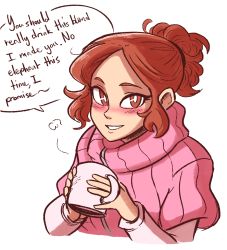 Rule 34 | 10s, 1girl, absurdres, alternate hairstyle, blush, brown eyes, brown hair, coffee mug, commentary, cup, english text, highres, mug, okumura haru, persona, persona 5, pink sweater, ribbed sweater, scruffyturtles, solo, sweater