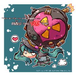 Rule 34 | 1girl, aqua hair, bomb, c-4, c4, carrying, chibi, detached sleeves, dynamite, explosive, fragmentation grenade, fuse, grenade, hand grenade, hat, hatsune miku, heart, heart in mouth, long hair, looking at viewer, mk 2 grenade, necktie, nuclear weapon, okome (kome kuma), radiation symbol, running, skirt, solo, speech bubble, spoken heart, tnt, translation request, twintails, vocaloid