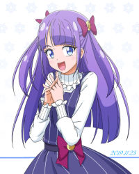 Rule 34 | 1girl, 2019, :d, blue eyes, blush, bow, dated, destino, dress, hair bow, highres, interlocked fingers, kaguya madoka, long hair, long sleeves, looking at viewer, open mouth, pinafore dress, precure, purple bow, purple dress, purple hair, shirt, sleeveless, sleeveless dress, smile, solo, standing, star twinkle precure, striped clothes, striped dress, vertical-striped clothes, vertical-striped dress, very long hair, white background, white shirt
