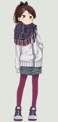 Rule 34 | 1girl, :o, abe kanari, blue footwear, blush, bow, brown eyes, brown hair, closed mouth, commentary, contrapposto, denim, denim skirt, dot mouth, dot nose, expressionless, full body, grey background, grey jacket, hair bow, hair ornament, hairclip, hand in pocket, head tilt, jacket, kantai collection, light blush, looking at viewer, pantyhose, plaid, plaid scarf, ponytail, purple pantyhose, raised eyebrows, scarf, shikinami (kancolle), shoes, short hair, simple background, skirt, sleeves past wrists, sneakers, solo, standing, swept bangs, tassel, tsurime