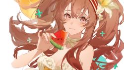 Rule 34 | 1girl, 9degree, alternate costume, angelina (arknights), arknights, bare shoulders, blush, breasts, brown hair, cleavage, closed mouth, dress, flower, food, fruit, hair flower, hair ornament, hairband, halter dress, halterneck, holding, holding food, lily (flower), long hair, looking at viewer, medium breasts, red eyes, red hairband, sidelocks, simple background, sleeveless, sleeveless dress, solo, twintails, two-tone hairband, upper body, watermelon, white background, white dress, white flower