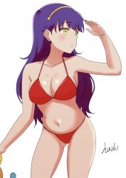 Rule 34 | 1girl, artist name, athena (series), bikini, breasts, cleavage, feet, highres, large breasts, legs, long hair, navel, parted lips, princess athena, purple hair, red bikini, snk, swimsuit, thighs, weapon, yellow eyes