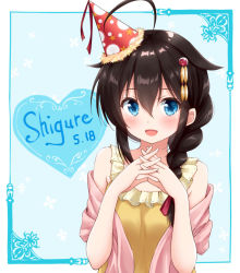 Rule 34 | 1girl, :d, ahoge, alternate costume, anniversary, bad id, bad pixiv id, black hair, blouse, blue eyes, braid, character name, dated, hair flaps, hair ornament, hair over shoulder, hair ribbon, hat, hoshino kagari, kantai collection, long hair, looking at viewer, open mouth, orange shirt, own hands clasped, own hands together, party hat, pink shawl, ribbon, shawl, shigure (kancolle), shigure kai ni (kancolle), shirt, single braid, sleeveless, sleeveless shirt, smile, solo, upper body