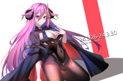 Rule 34 | 1girl, absurdres, azur lane, black horns, bodystocking, breast cutout, breasts, cleavage, commentary request, covered navel, curled horns, dated, demon horns, dutch angle, framed breasts, friedrich carl (azur lane), hair between eyes, highres, horn ornament, horns, kneeling, large breasts, long hair, long sleeves, looking at viewer, nail polish, pantyhose, pink eyes, pink hair, purple nails, rectangular eyewear, semi-rimless eyewear, simple background, thunder-35, very long hair, white background