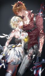 Rule 34 | 1boy, 1girl, absurdres, arm around waist, black gloves, blonde hair, blood, blood on clothes, blood on face, blue eyes, breasts, detached sleeves, dress, earrings, flower, genshin impact, gloves, grey pants, hair between eyes, hair flower, hair ornament, highres, holding, holding polearm, holding sword, holding weapon, jewelry, lumine (genshin impact), mask, mask on head, medium breasts, orange eyes, orange hair, pants, partially fingerless gloves, polearm, pottsness, red mask, red skirt, shirt, simple background, single earring, skirt, sword, tartaglia (genshin impact), thighhighs, weapon, white dress, white flower