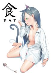 Rule 34 | 1girl, :q, animal ears, arm at side, barefoot, blue hair, blush, bottomless, breasts, buttons, cat ears, cat tail, collarbone, collared shirt, dress shirt, eyelashes, fish, fish bone, fishkitty, food, food on face, full body, gradient hair, green eyes, grey hair, hand up, head tilt, highres, long hair, long sleeves, loose clothes, loose shirt, multicolored hair, nail polish, naked shirt, navel, no bra, original, pink nails, profile, shadow, shirt, signature, sitting, sleeves past wrists, small breasts, smile, solo, stomach, swept bangs, tail, tongue, tongue out, unbuttoned, unbuttoned shirt, wariza, white background, white shirt