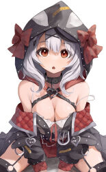 Rule 34 | 1girl, absurdres, animal collar, animal hood, bare shoulders, belt, black collar, black hair, black jacket, breasts, camisole, chest belt, cleavage, collar, fang, frilled camisole, frills, grey hair, heart, highres, hololive, hood, jacket, large breasts, looking at viewer, medium hair, multicolored hair, off-shoulder jacket, off shoulder, open mouth, orca hood, red eyes, red ribbon, red skirt, ribbon, sakamata chloe, sakamata chloe (1st costume), samu (sam deg369), simple background, skirt, solo, spaghetti strap, streaked hair, studded belt, virtual youtuber, white background, white camisole