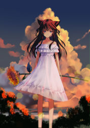 Rule 34 | 1girl, absurdres, animal ears, arms at sides, autumn leaves, bare legs, blue eyes, blurry, brown hair, cat ears, cloud, collarbone, depth of field, dress, evening, feet out of frame, flower, highres, holding, holding flower, light smile, long hair, looking at viewer, original, sanamisa, sky, sleeveless, sleeveless dress, solo, standing, sundress, sunflower, white dress