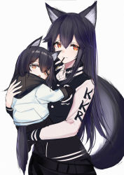 Rule 34 | 2girls, :o, aged down, animal ears, arknights, black hair, black vest, carrying, child, child carry, cowboy shot, dual persona, food, hair between eyes, highres, jacket, long sleeves, looking at viewer, mouth hold, multiple girls, pocky, shirt, sidelocks, simple background, srpzk, tail, texas (arknights), time paradox, vest, white background, white jacket, white shirt, wolf ears, wolf girl, wolf tail, yellow eyes