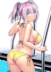 Rule 34 | 1girl, aoba (kancolle), aqua eyes, ass, back, bikini, blush, breasts, from behind, hair between eyes, hair ornament, hair scrunchie, highres, kantai collection, kuromayu, large breasts, looking at viewer, looking back, parted lips, pink hair, ponytail, pool, pool ladder, scrunchie, side-tie bikini bottom, sideboob, simple background, solo, swimsuit, white background, white bikini, yellow bikini