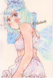 Rule 34 | 1girl, bare shoulders, bloomers, blue bow, blue eyes, blue hair, blush, bow, bra, breasts, cirno, closed mouth, cowboy shot, detached wings, from side, hair between eyes, hair bow, highres, ice, ice wings, looking at viewer, looking down, looking to the side, shin1ar24, simple background, small breasts, solo, sweat, touhou, traditional media, underwear, watercolor pencil (medium), white bloomers, white bra, wings