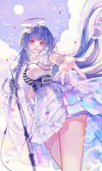 Rule 34 | 1girl, absurdres, blue eyes, blue hair, bubble, character request, cloud, cowboy shot, dress, from below, girls&#039; frontline neural cloud, grin, headset, highres, holding, holding microphone stand, long hair, looking at viewer, microphone stand, outstretched arms, outstretched hand, purple sky, reaching, reaching towards viewer, sky, sleeveless, sleeveless dress, smile, solo, sun, very long hair, white dress, xialuo yingling