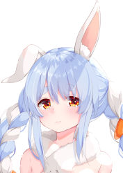 Rule 34 | 1girl, animal ear fluff, animal ears, bare shoulders, blue hair, blush, braid, carrot, carrot hair ornament, closed mouth, commentary request, don-chan (usada pekora), eyes visible through hair, food-themed hair ornament, frown, hair between eyes, hair ornament, highres, hololive, long hair, looking at viewer, multicolored hair, orange eyes, portrait, priere, rabbit ears, rabbit girl, sidelocks, simple background, solo, thick eyebrows, twin braids, twintails, two-tone hair, usada pekora, usada pekora (1st costume), virtual youtuber, white background, white hair