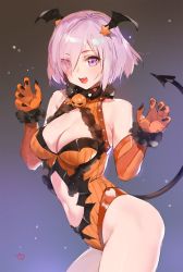 Rule 34 | 1girl, :d, adapted costume, alternate costume, artist name, bare shoulders, black background, black nails, blue background, blush, breasts, claw pose, claws, cleavage, clothing cutout, commentary request, demon girl, demon tail, elbow gloves, eyes visible through hair, fangs, fate/grand order, fate (series), female focus, fur trim, gloves, gradient background, hair over one eye, halloween, halloween costume, hands up, happy, head wings, heart, heart cutout, highres, jack-o&#039;-lantern, large breasts, leotard, light purple hair, looking at viewer, mash kyrielight, nail polish, navel, navel cutout, open mouth, orange gloves, orange leotard, pumpkin, purple eyes, revealing clothes, shiny skin, short hair, signature, simple background, sleeveless, sleeveless leotard, smile, solo, tail, teeth, thighs, type-moon, upper teeth only, wings, yd (orange maru)