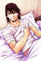 Rule 34 | 10s, 1boy, bandages, bed, bed sheet, brown eyes, brown hair, facial hair, fukunoya, goatee, highres, hospital, injury, kaburagi t. kotetsu, looking at viewer, lying, male focus, medical, muscular, on back, pillow, topless male, short hair, solo, spoilers, stubble, tiger &amp; bunny, yellow eyes