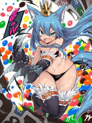Rule 34 | 1girl, animal ears, animal hands, blue hair, boots, candy, claws, coup (shun soku), crown, facial mark, fang, female focus, food, gloves, long hair, m&amp;m&#039;s, midriff, navel, open mouth, original, paw gloves, shun soku, solo, stitches, tail, thigh boots, thighhighs, wide hips