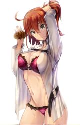 Rule 34 | 1girl, ahoge, arm up, armadillo-tokage, backlighting, bad id, bad twitter id, bra, breasts, brown eyes, cowboy shot, fate/grand order, fate (series), frilled panties, frills, fujimaru ritsuka (female), hair between eyes, hair ornament, hair scrunchie, hand up, highres, large breasts, looking at viewer, open clothes, open shirt, panties, parted lips, polka dot, polka dot panties, purple bra, purple panties, red hair, scrunchie, shirt, simple background, solo, thighs, tying hair, underwear, wet, white background
