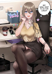 Rule 34 | 1girl, :d, bag, black skirt, black thighhighs, blue nails, blush, book, bracelet, breasts, cat, cellphone, chair, computer, computer tower, crossed legs, cubicle, cup, disposable cup, earrings, elbow rest, english text, expulse, feet out of frame, hair between eyes, half updo, handbag, indoors, jewelry, large breasts, light brown hair, long hair, looking at viewer, monitor, mouse (computer), nail polish, neck ribbon, office chair, office lady, open mouth, original, out of frame, paper stack, pencil skirt, phone, photo (object), ribbon, shirt, sitting, skirt, smartphone, smile, solo, speech bubble, swivel chair, thighhighs, tile floor, tiles, very long hair, yellow shirt, yes