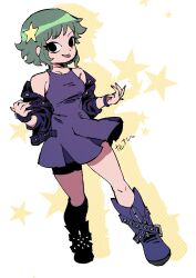 Rule 34 | 1girl, bare shoulders, black eyes, boots, breasts, dress, green hair, hair ornament, highres, jacket, looking at viewer, nail polish, pink nails, purple dress, ramona flowers, scott pilgrim (series), short hair, smile, solo, standing, star (symbol), star hair ornament, tetsu (teppei), tongue