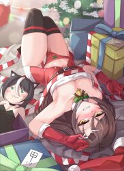 Rule 34 | absurdres, alternate costume, animal ears, armpits, blush, box, breasts, brown hair, christina brecht, christmas, christmas tree, cleavage, counter:side, gift, gift box, gloves, hair ornament, hairclip, highres, navel, red gloves, revenant (counter:side), singwee, small breasts, thighhighs, upside-down, yellow eyes