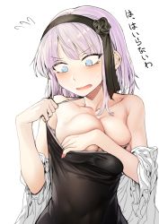 Rule 34 | 10s, 1girl, bare shoulders, black dress, blue eyes, blush, breasts squeezed together, breasts, cleavage, collarbone, dagashi kashi, dress, female focus, flying sweatdrops, geppewi, hairband, large breasts, light purple hair, nail polish, no bra, open mouth, shidare hotaru, simple background, solo, translated, undressing, white background