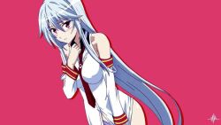Rule 34 | 1girl, bare legs, blush, breasts, chidorigafuchi aine, cleavage, embarrassed smile, hand on own chest, large breasts, long hair, masou gakuen hxh, necktie, red background, red eyes, shirt, uniform, white hair